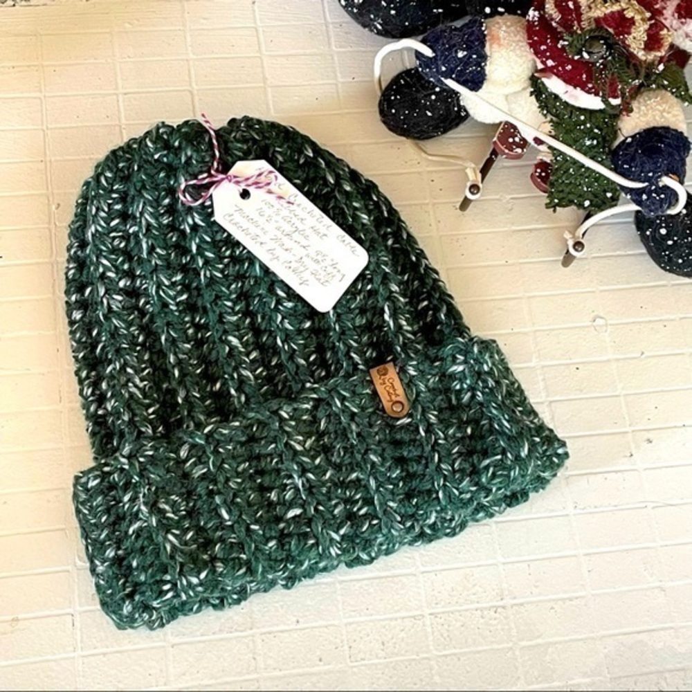 Handmade Warm Crochet Cable Knit Ribbed Hat Dark Green Beanie Gift Men Women